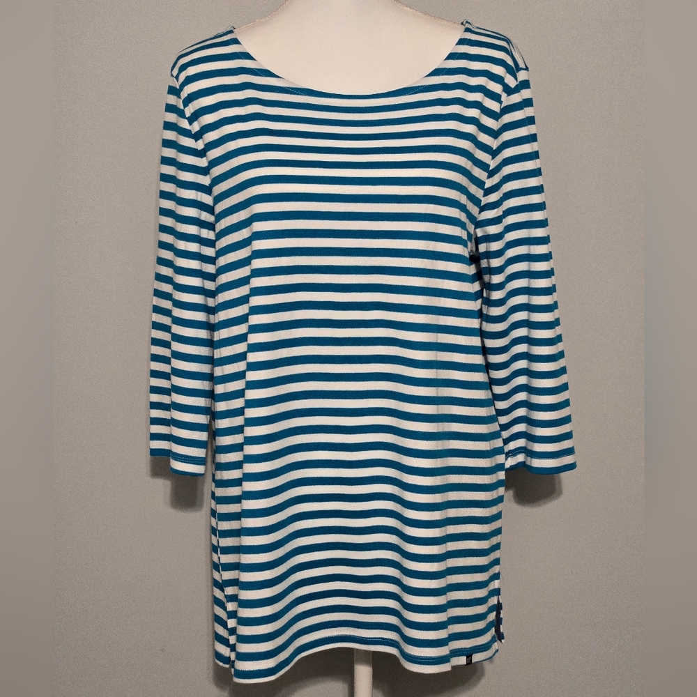 Land's End Pima Cotton Boat Neck 3/4 Sleeve Blue and White Tee